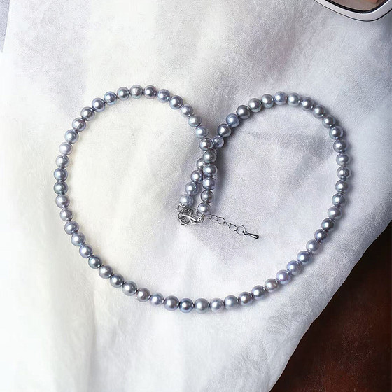 
Natural freshwater grey pearl necklace with good roundness, pearl shiny women's genuine pearl necklace clavicle chain jewelry gift