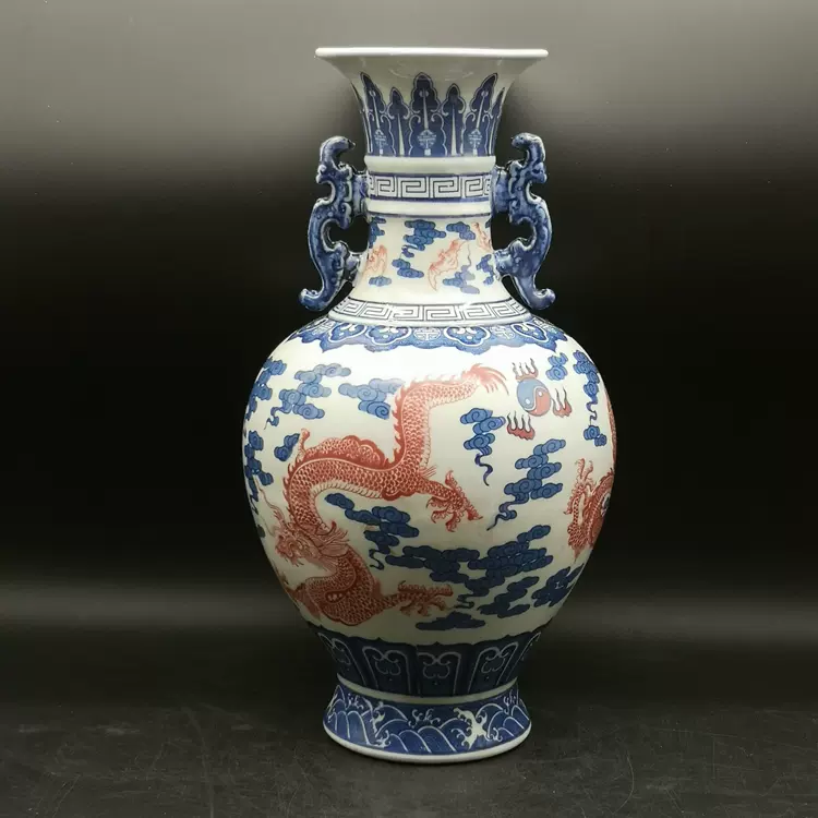 大清乾隆年製 浮文 双耳 青磁 花器 花瓶 h24cm /中国美術 古玩 茶道具 