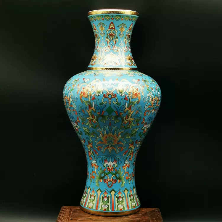 篮地琺瑯観音瓶 現代工芸品 美術品 装飾品 置物 清乾隆官窑篮地珐琅彩观音瓶中式客厅装饰花瓶古玩古董