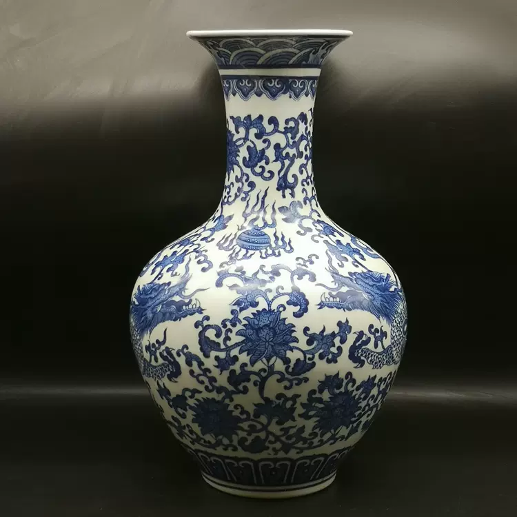 清乾隆青花雙龍穿花賞瓶古玩古董收藏老物件中式客廳裝飾