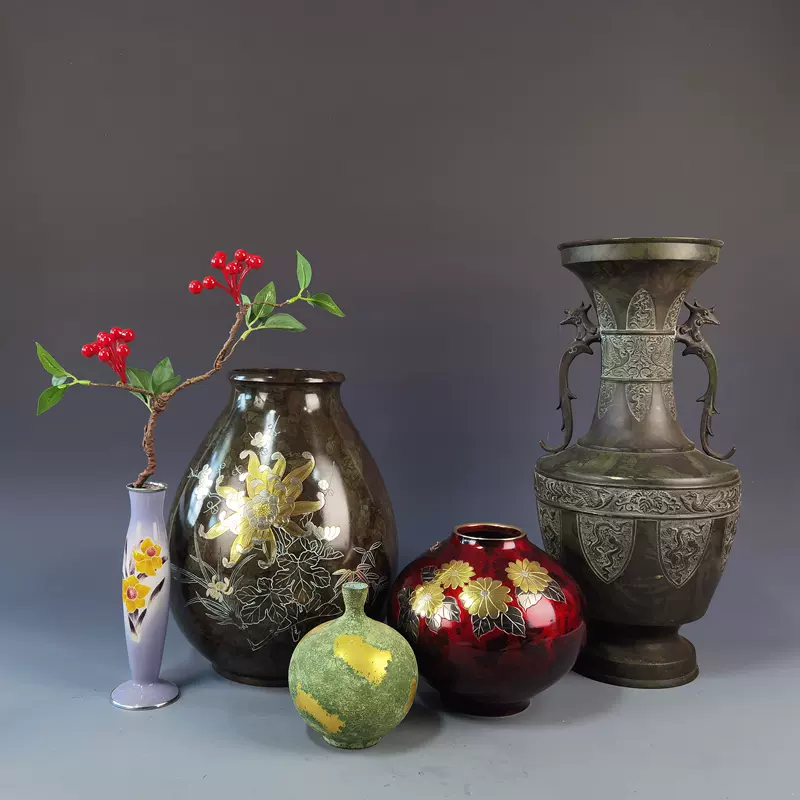 日本銅製紫山作嵌銀鬆子紋花器銅花瓶花入家居復古擺件付箱包郵-Taobao