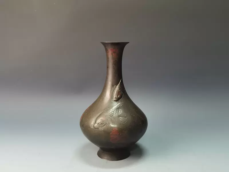 日本高岗铜器斑紫铜浮雕双鱼图花瓶花器复古老物件收藏装饰摆件-Taobao