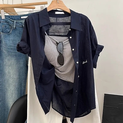 Plus Size Women's Clothing 150kg Korean Style Letter Embroidered Short-Sleeved Shirt Women's Loose Casual Fashion Lapel Shirt ins Summer