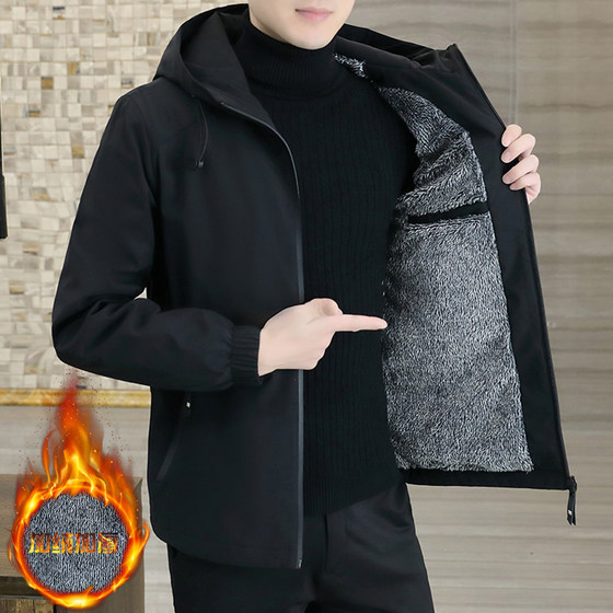 Men's jacket autumn and winter new trend hooded plus velvet coat men's casual sports jacket autumn outdoor trench coat men