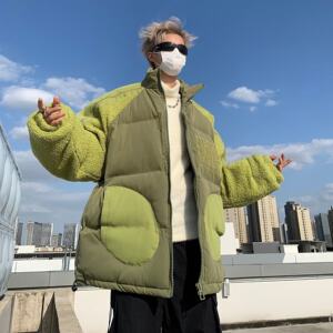 
Lamb wool splicing cotton coat men's winter new thickened couple's bread coat design niche cotton coat trend coat