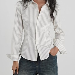 French-Style Commuter Off-White Long-Sleeved Striped Shirt for Women, New Spring High-End Slim-Fit Inner Wear Waist-Cinching Shirt Top