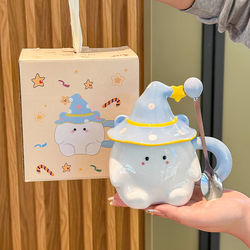 Birthday Gift, Cute and Adorable Elf Water Cup, High-Looking Ceramic Mug with Lid and Spoon, Birthday Gift for Girls