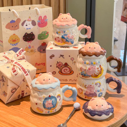 Cute Pig Ceramic Mug with Lid and Spoon, Birthday Gift for Girls, Office Couple Coffee Cup, Souvenir
