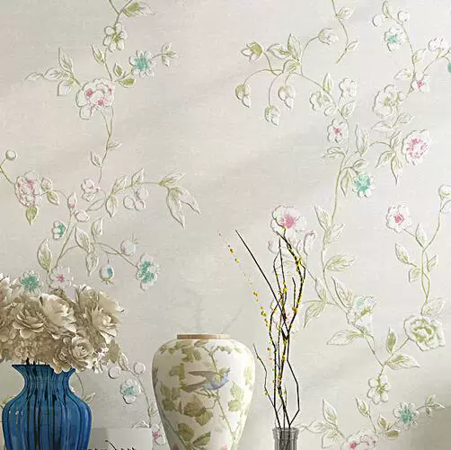 3d米黄色灰色白色绿色美式乡村田园小花壁纸卧室美容院养生馆