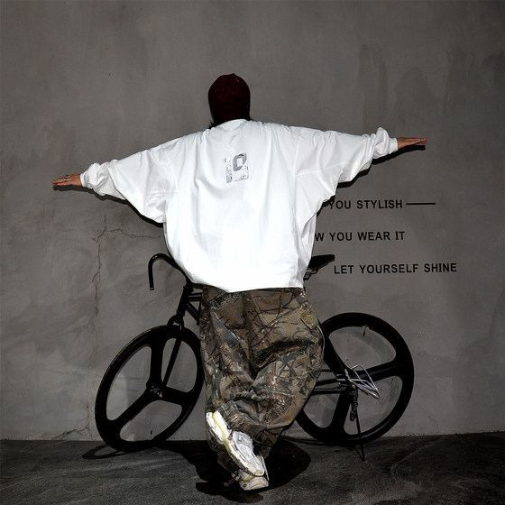 
Oversize off-shoulder bat sleeves heavyweight pure cotton long-sleeved T-shirt men's ceanfit trendy brand handsome wide-edition sweatshirt T