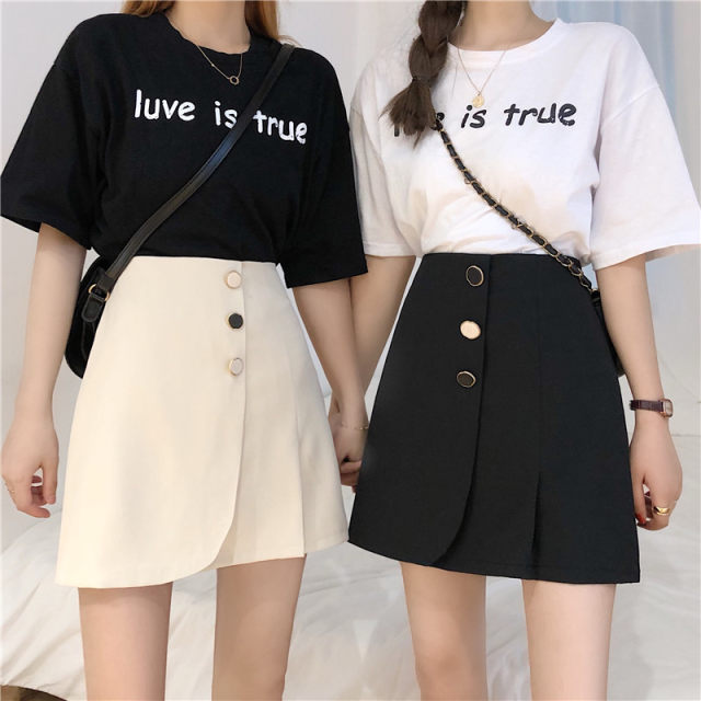 Plus size fat mm spring Korean version 2022 new slim button skirt female students versatile A-line side pleated skirt
