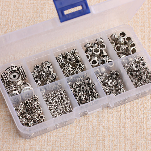 Making bracelet necklace DIY material handmade jewelry accessories Tibetan silver round bead flower tube pipe bead mixed 1 box