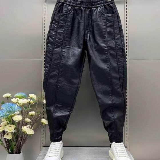 
Autumn and winter men's velvet warm casual pants for takeaway, riding mobile phones and motorcycles, windproof leather pants, handsome loose harem pants for men