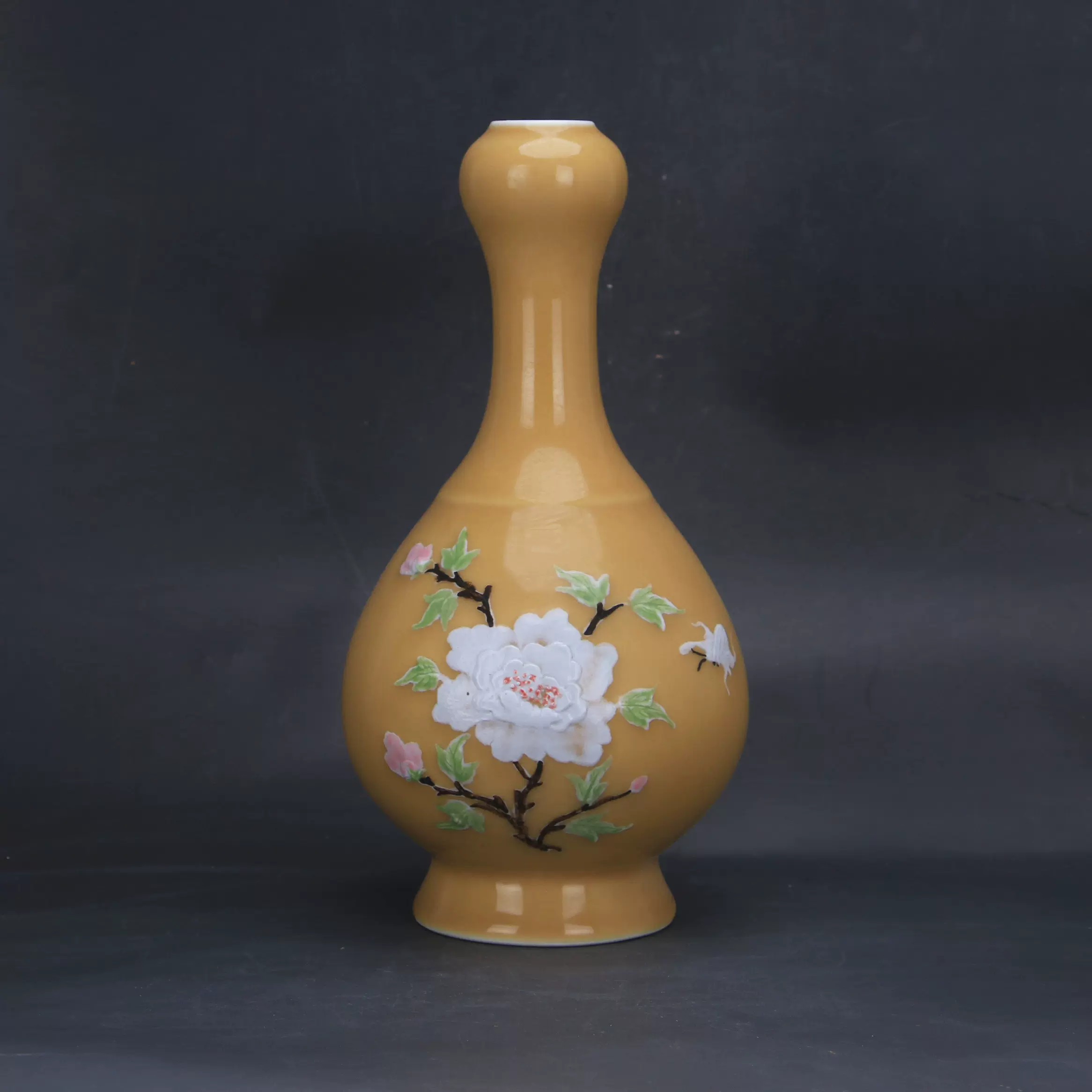 大清乾隆年黄釉加彩堆花花卉蒜头瓶仿古瓷器全手工古玩古董收藏-Taobao 