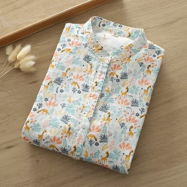 Spring and Autumn New Style Literary Stand Collar Double Layer Cotton Long Sleeve Shirt Women's Loose Cartoon Print Soft Base Shirt
