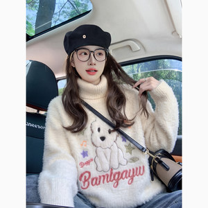 Soft and waxy puppy embroidered mohair turtleneck sweater for women winter thickened lazy white mink velvet sweater jacket