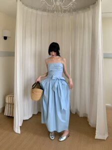 
Japanese Korean temperament bow tie waist tie and waist slim pleated strap sling strap sling dress vacation style long skirt