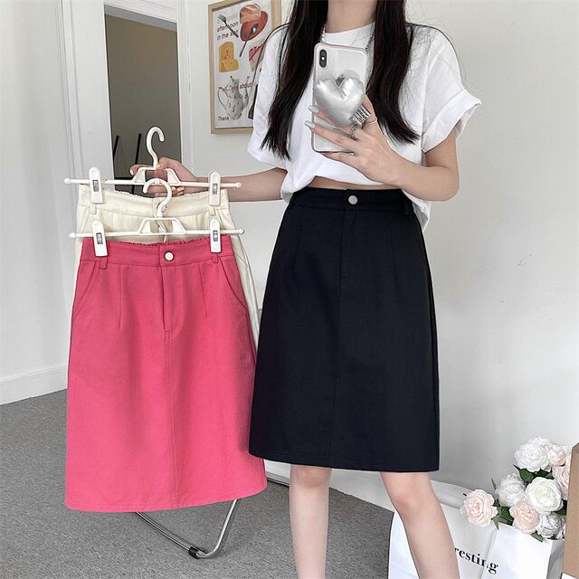 Summer Korean mid-length skirt, large size high waist versatile denim skirt, student solid color slit skirt, ins trendy