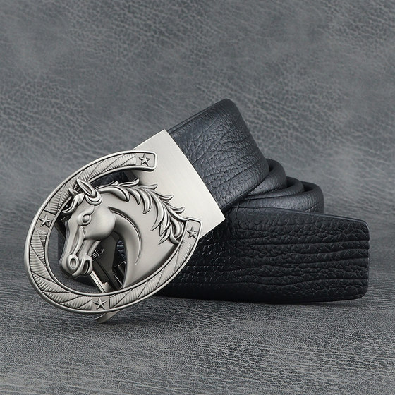 
2026 Zodiac Horse Belt Men's Genuine Leather Automatic Buckle Belt Light Luxury Fashion Trend Business Flower Leather Belt