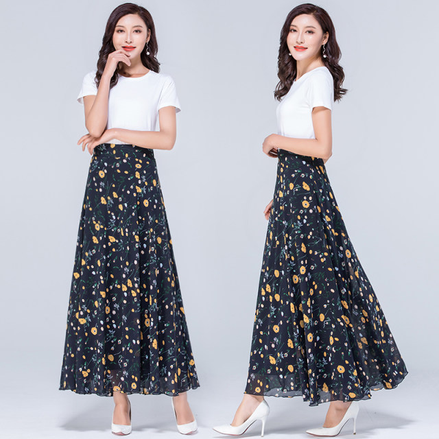 2021 Summer new versatile chiffon half -body long skirt ladies high -waist A -line large size dance skirt
