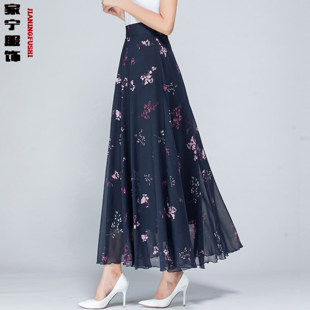 2024 Summer wild floral chiffon half body long skirt new high -waisted A -line skirt big size dance long skirt
