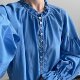 Foreign trade os silk plus cotton light and breathable single-breasted ruffled blue long-sleeved shirt for women 2024 new style