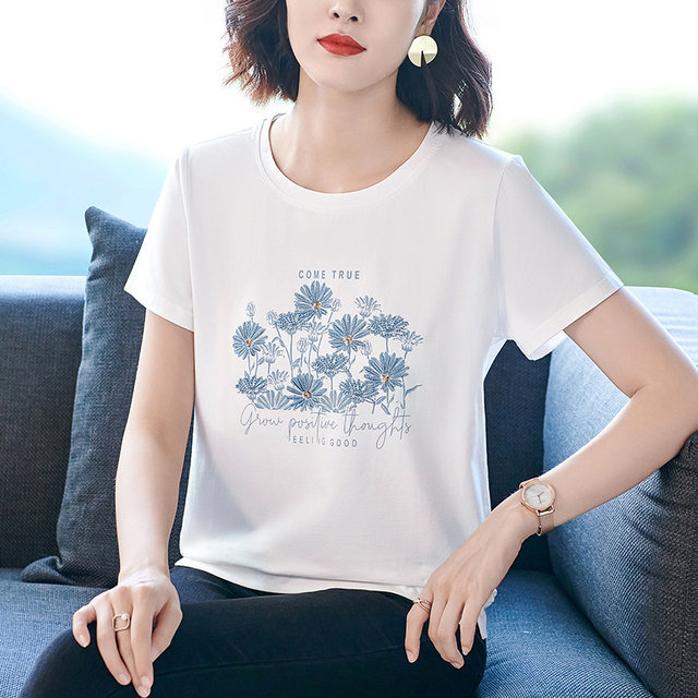 Pure cotton heavy industry embroidery flower t-shirt women's summer new ...