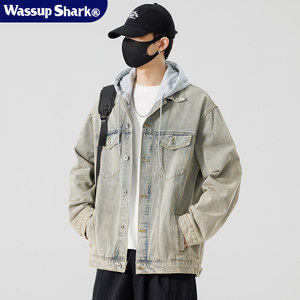 Wassup Shark American Hooded Denim Jacket Men's Spring and Autumn Retro Work Jacket Versatile Lapel Top
