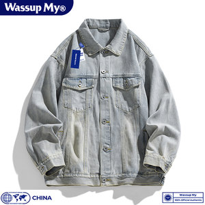 
Wassup My American denim jacket men's spring and autumn retro workwear casual jacket versatile lapel top trendy