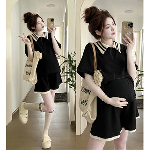 2024 new pregnant women summer fashion set, foreign fashion short -sleeved shirt, female summer shorts, two -piece set to go out
