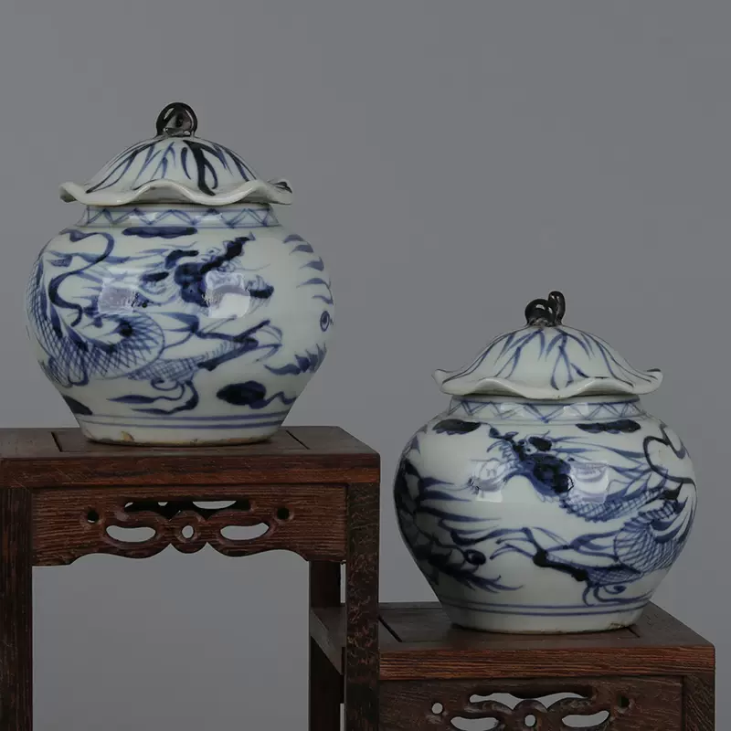 ◇旧家蔵出◇古美術中国古玩元代元青花荷叶龍紋盖罐―對まずい