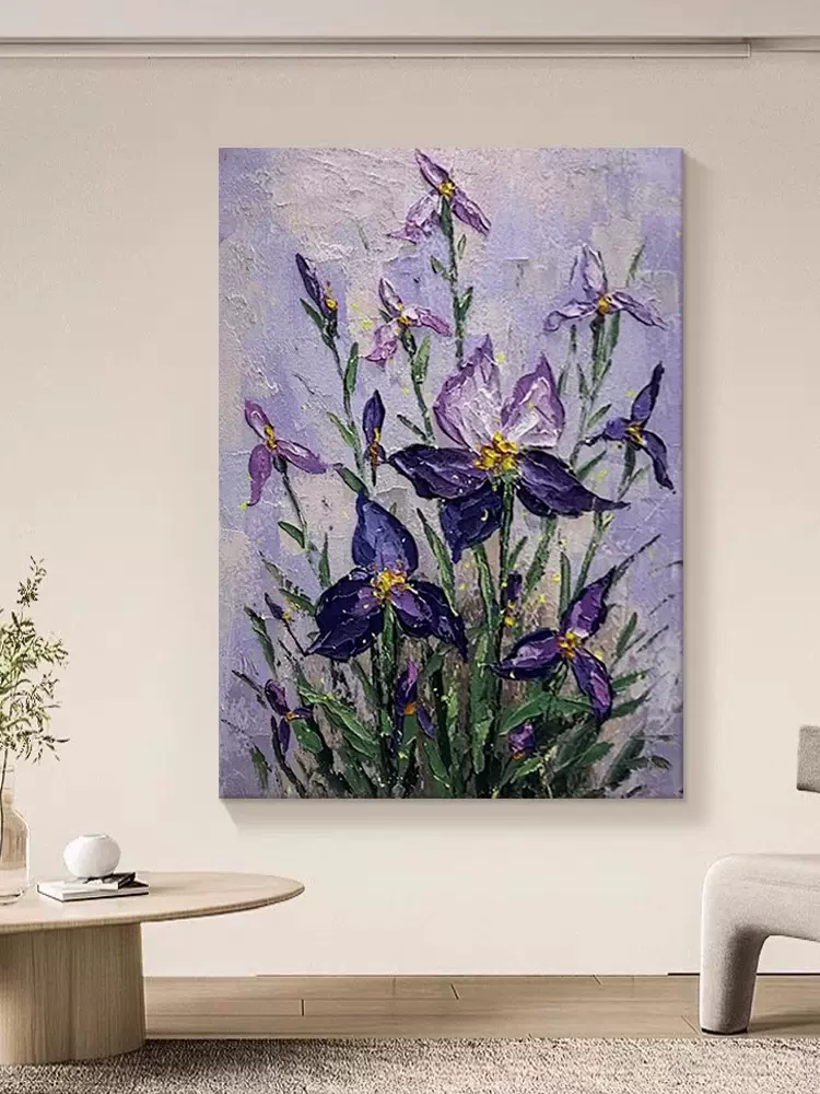 大芬村纯手绘油画紫色花卉鸢尾花客厅装饰画抽象玄关挂画走廊壁画 