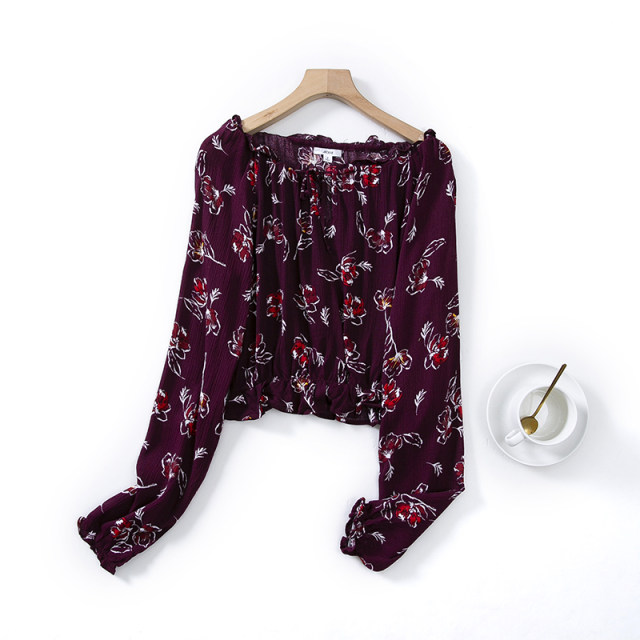 D26-2 New Women's Sauce Purple Red Floral Long Sleeve Small Shirt with Wood Ears One-Ling Short French Shirt