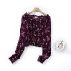 D26-2 New Women's Sauce Purple Red Floral Long Sleeve Small Shirt with Wood Ears One-Ling Short French Shirt