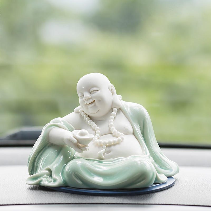 可爱汽车摆件弥勒佛像车内车载装饰品陶瓷创意车饰高档男士保平安-淘宝网