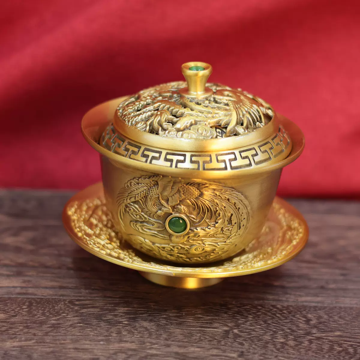 銅器 中国茶器 龍鳳呈祥銅鎏金三才蓋碗 茶碗 カップ 工芸品 置物 黄铜茶碗茶具龙凤盖碗龙凤呈祥铜茶碗百福杯铜器