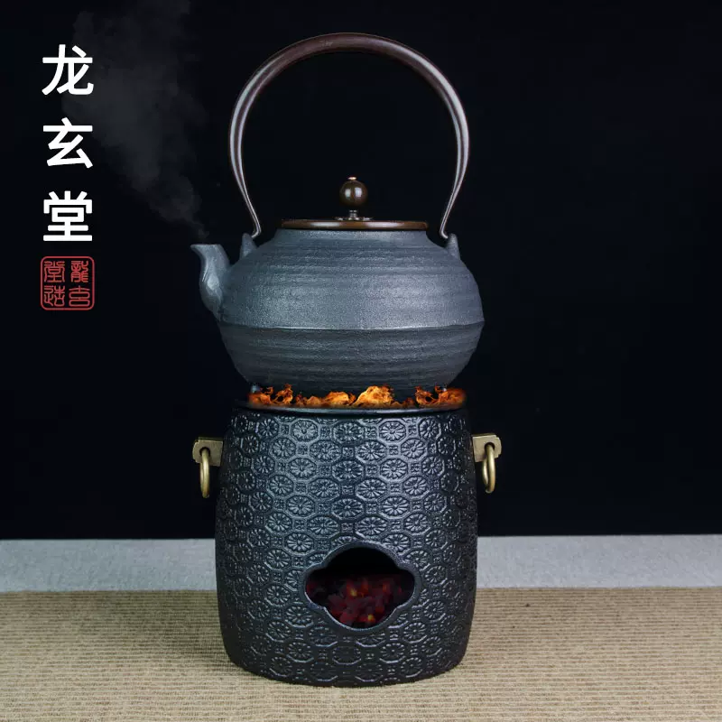 日式老炭炉家用室内铁釜铁壶煮茶炉大号碳炉铸铁烤火炉鬼面风炉-Taobao