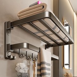 Space Aluminum Towel Rack, Bathroom Punch-Free Towel Rack, Bathroom Towel Storage Rack, Integrated Wall-Mounted Rack for Washroom