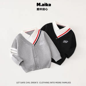
Boys fake two-piece autumn and winter new style college style versatile and fashionable cool knitted cardigan jacket fashionable children's sweater