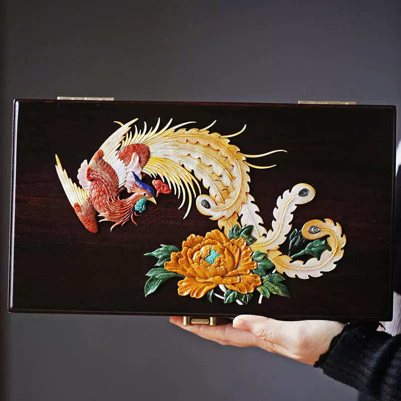 紫檀木製・細密彫・百寶嵌・連年有餘紋・首飾盒・置物・賞物』