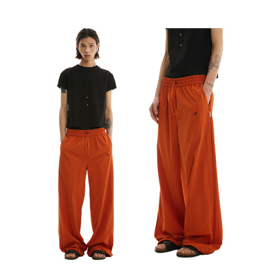 
FUNKYFUN 2025SS Black and orange solid color elastic waist straight windbreaker casual sports pants