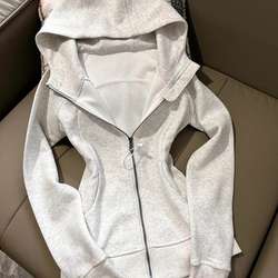 American-Style Gray Slim-Fit Hooded Sweatshirt with a Cinched Waist for Women, Spring/Autumn 2026 New Model