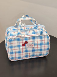 【00 Duck Duck】Three-Layer Portable Hand-Held Cosmetic Bag, Plaid Denim, Large Capacity Travel Cosmetic Bag Storage