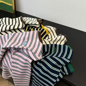 
25 new autumn style boys and girls casual round neck long-sleeved striped T-shirt pure cotton elastic casual bottoming shirt 6532