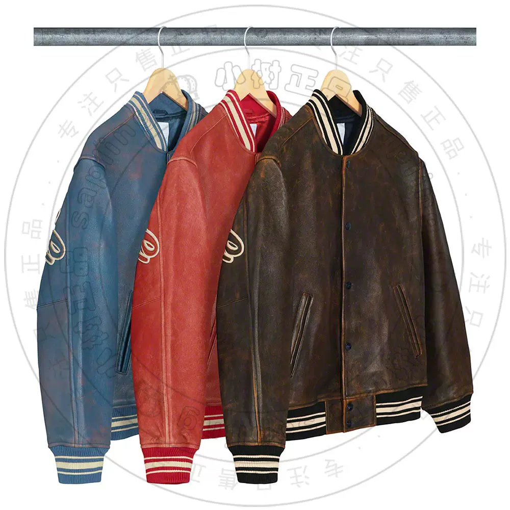 现货19SS Supreme Worn Leather Varsity Jacket做旧LOGO牛皮夹克-Taobao