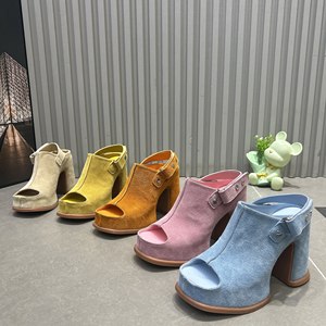 
French 10cm high heels 2026 new nubuck leather square toe open toe women's thick heels increased fashion sandals ins trend