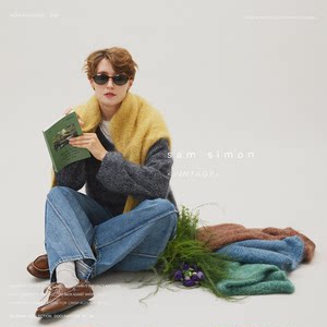 
sam simon/relaxed mixed color floral yarn 2.0 soft waxy cloud-like wool cashmere three-dimensional brushed V-neck sweater