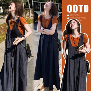 
Maternity summer dress 2026 new pregnancy wear French short-sleeved T-shirt denim vest dress summer suit