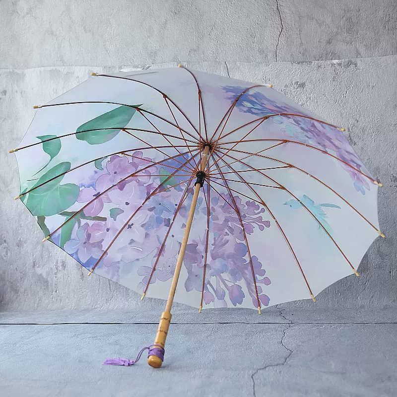 沛欣原创晴雨伞中国风紫丁香复古竹杆长柄流苏三