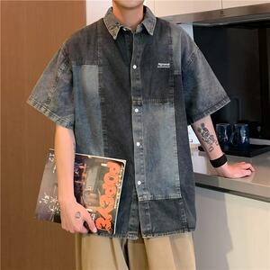 
Boys' contrasting color splicing new denim short-sleeved shirt summer ins loose high-end handsome jacket personalized Korean version